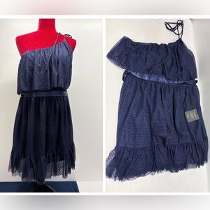 Lulu's Navy Blue mesh mini One-shoulder Dress womens size X-Large swiss dotted